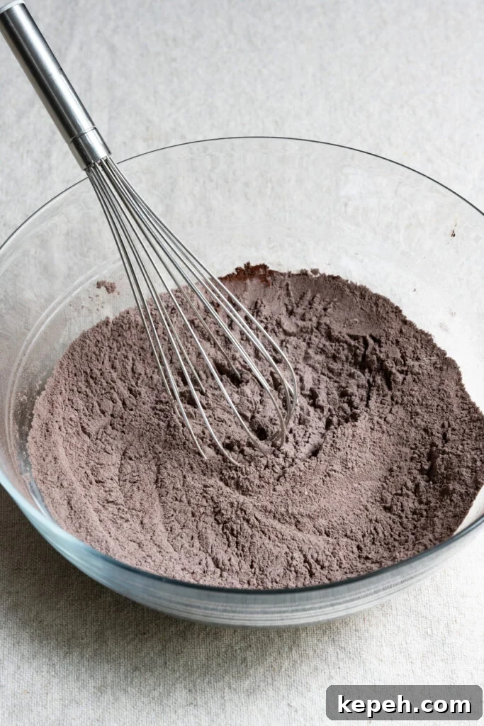 Whisk in a bowl of flour and cocoa powder.