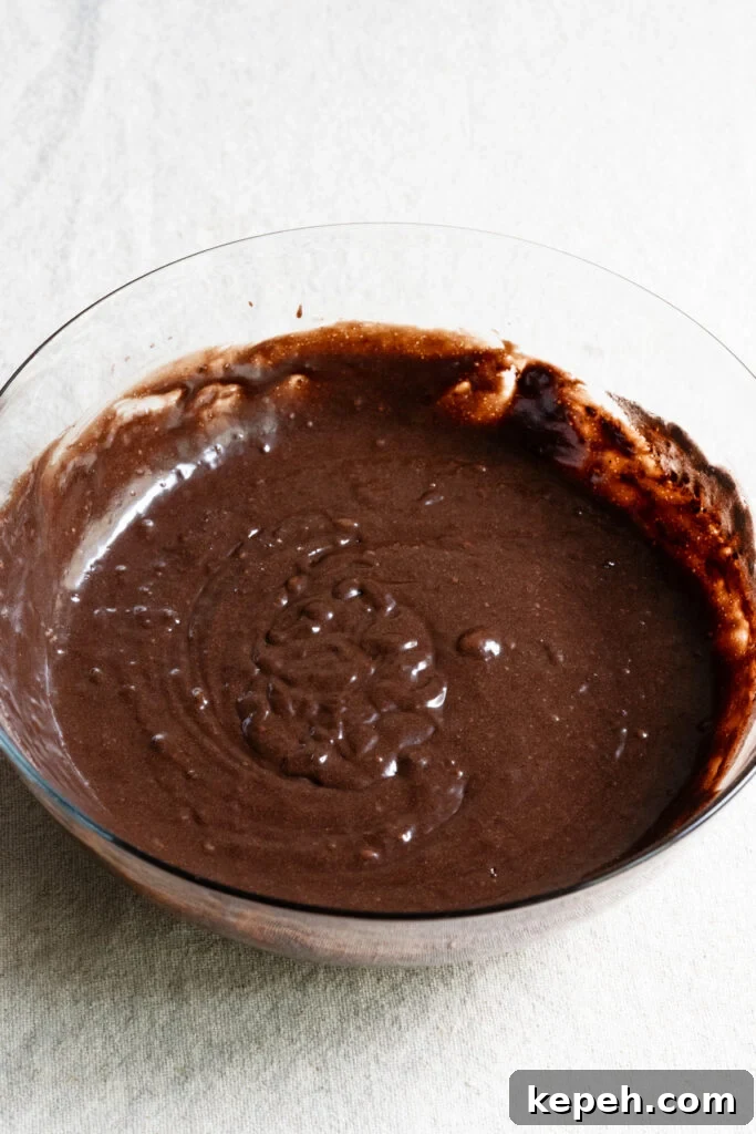 Bowl of chocolate olive oil cake batter.