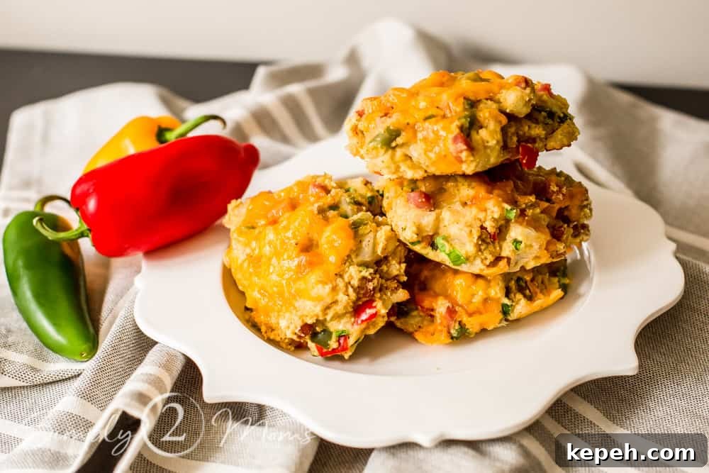 stack of keto southwest breakfast biscuits on a scalloped plate garnished with mini bell peppers
