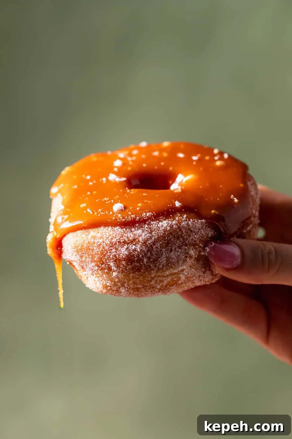 Salted Caramel Donuts with Shiny Caramel Glaze 2 A hand holding a donut with caramel dripping off the side.