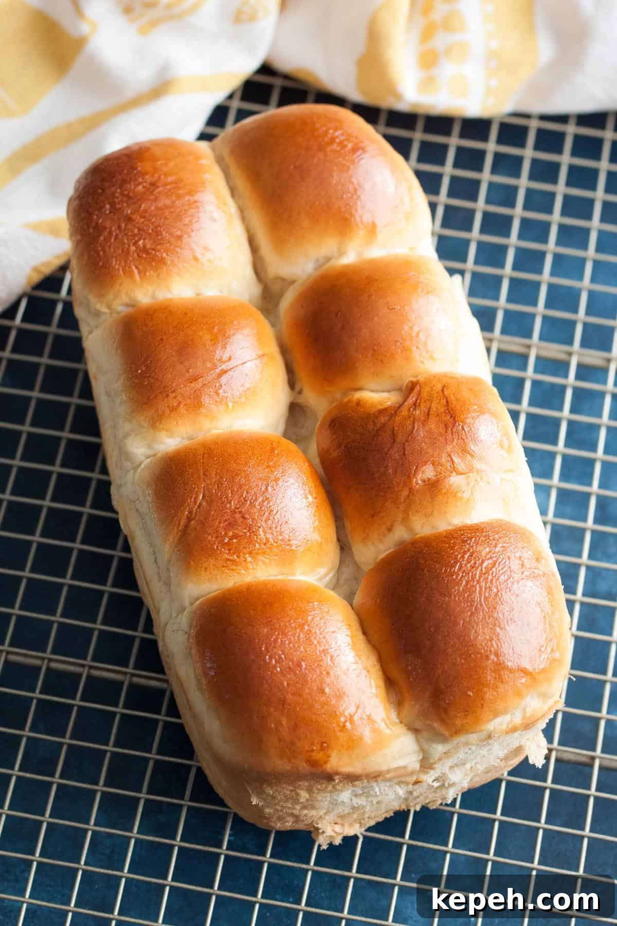 A loaf of Japanese milk bread on a wire rack. A loaf of Japanese milk bread on a wire rack.