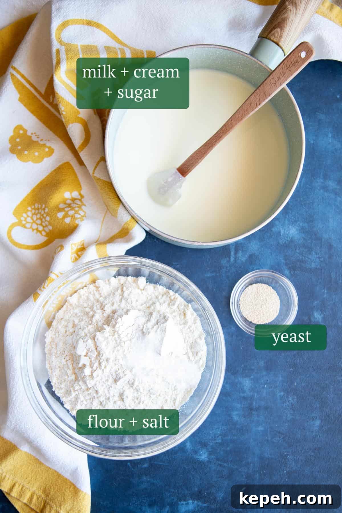 Milk bread ingredients on a blue table top. Milk bread ingredients on a blue table top.