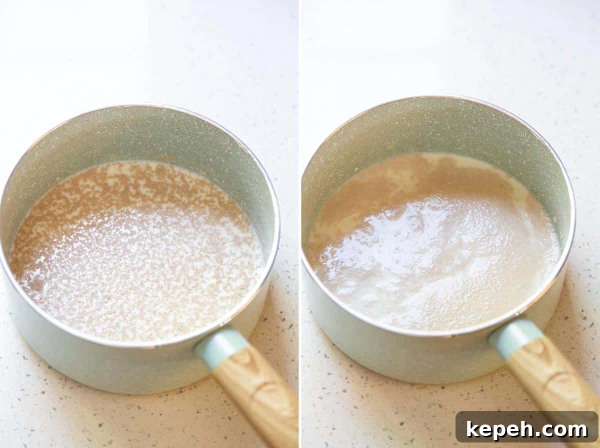 Collage of 2 photos showing: yeast in milk, yeast is puffy. Collage of 2 photos showing: yeast in milk, yeast is puffy.