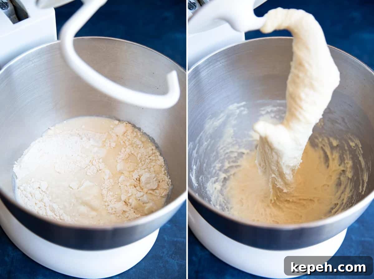 Collage of 2 photos showing the milk bread dough being mixed in a stand mixer. Collage of 2 photos showing the milk bread dough being mixed in a stand mixer.