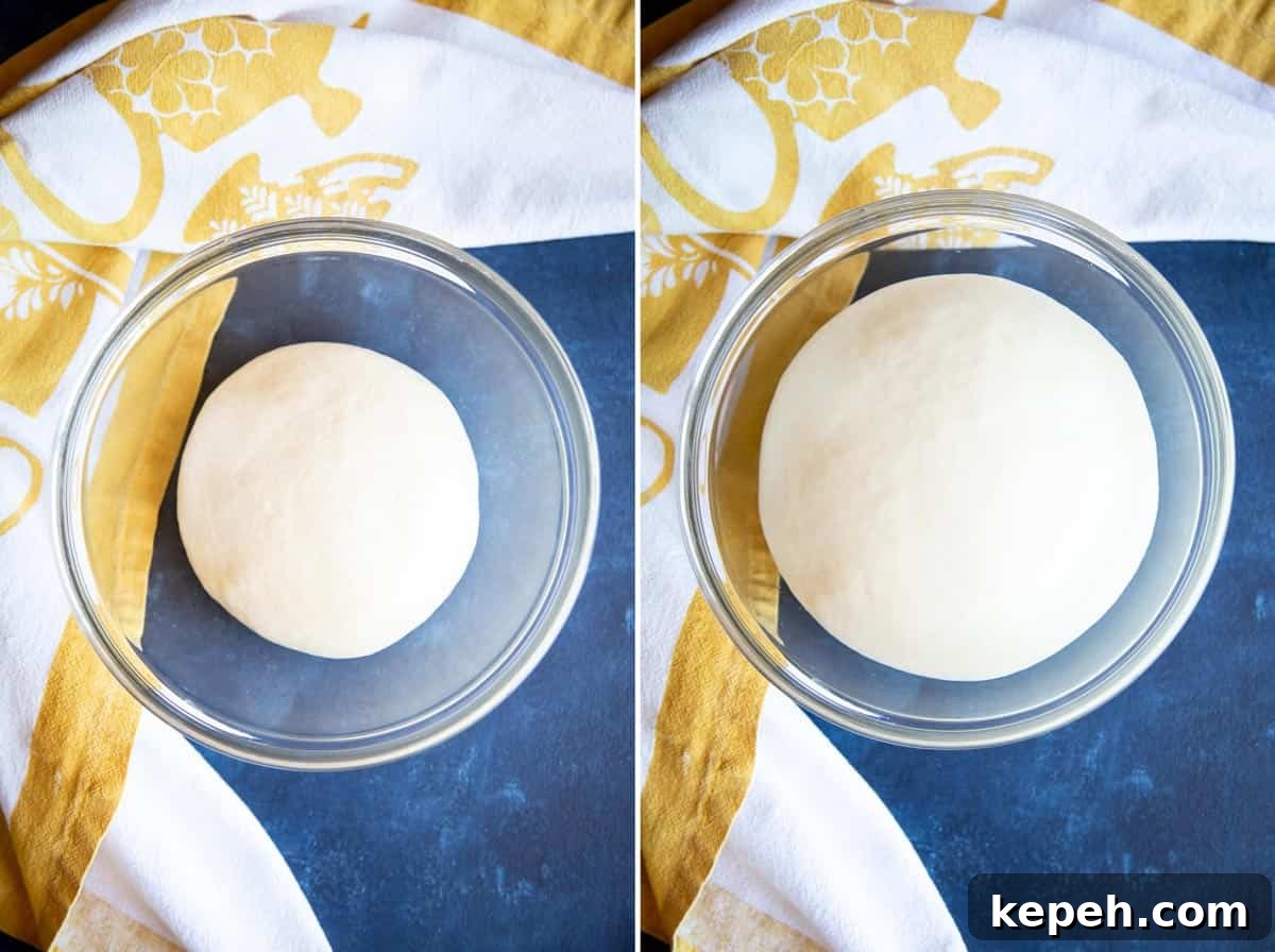 Collage of 2 photos showing milk bread dough rising in a glass bowl. Collage of 2 photos showing milk bread dough rising in a glass bowl.