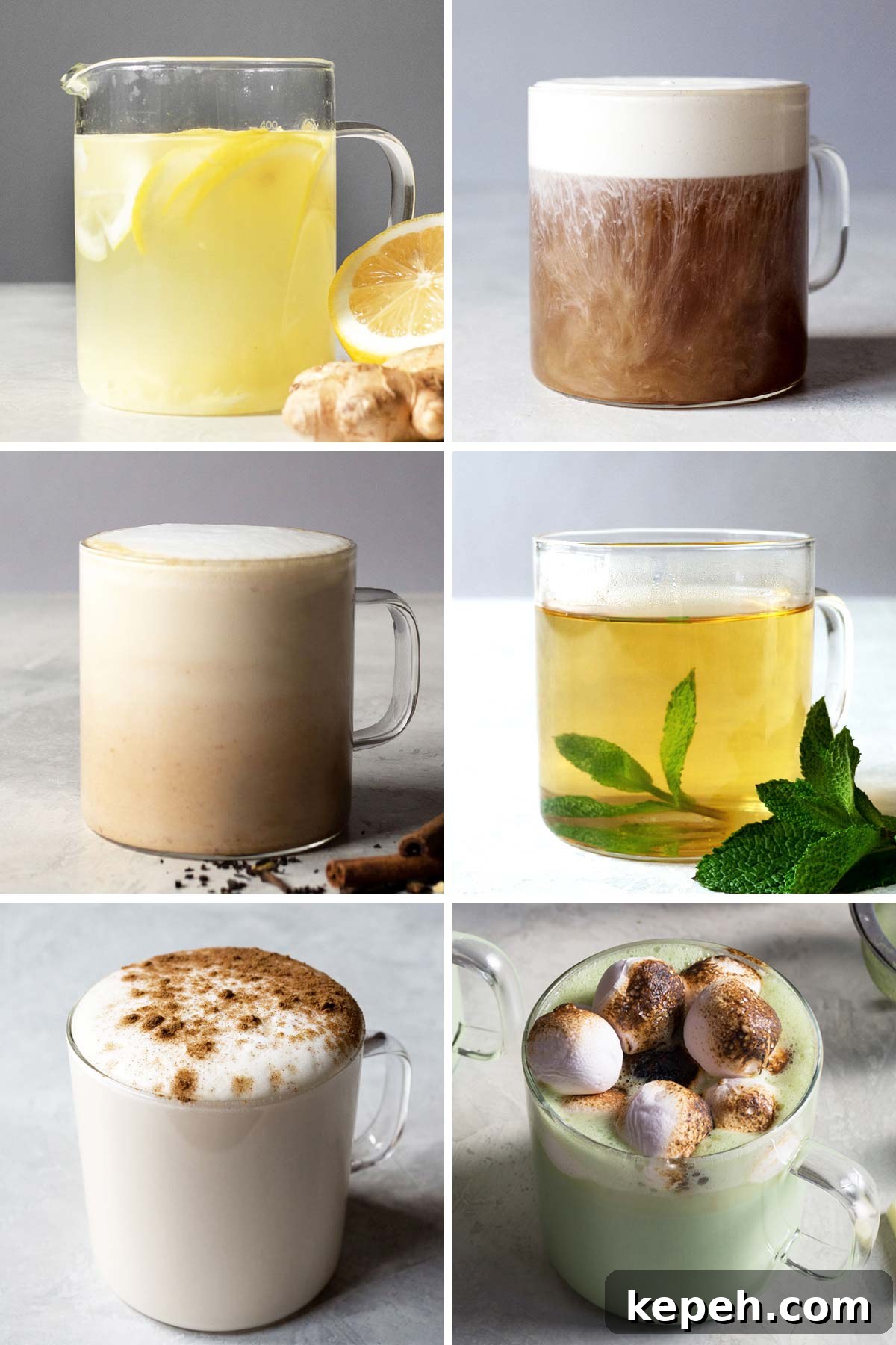 Six photo collage showing different tea beverages.