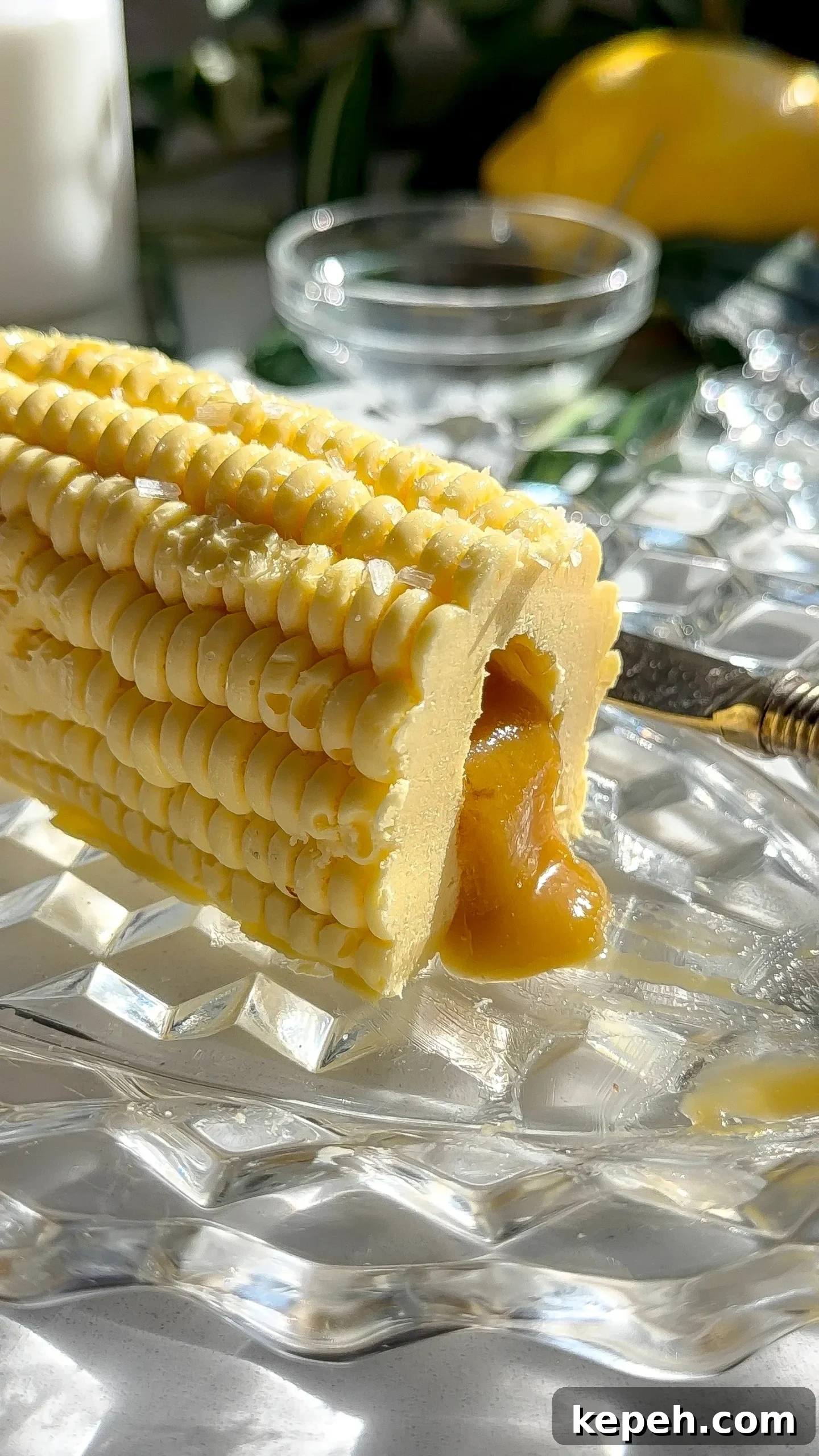 Miso-Honey Corn Compound Butter Recipe for Grilled Corn 4 Close up cross-section of a corn-shaped butter cob sliced open to reveal a thick liquid honey and miso filling spilling onto a glass plate.