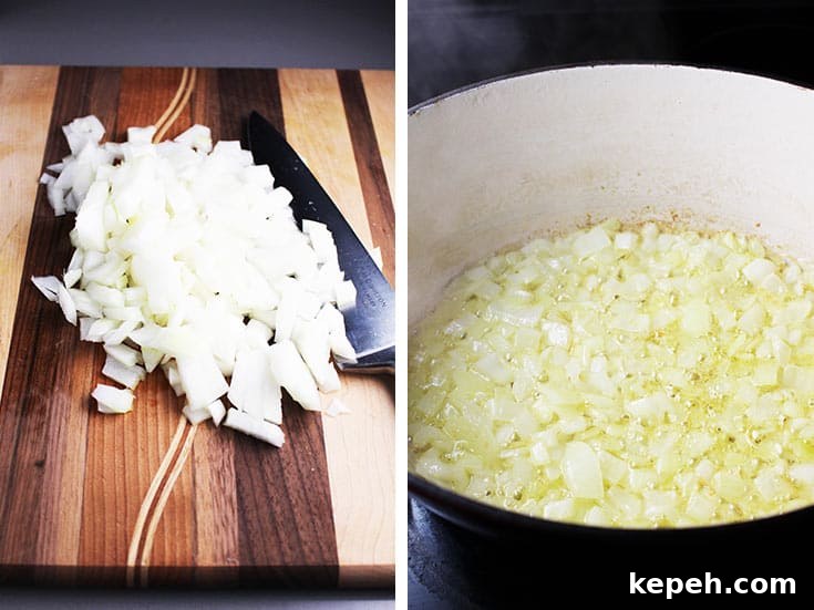 Chopped onions on a wooden cutting board and cooking in a dutch oven