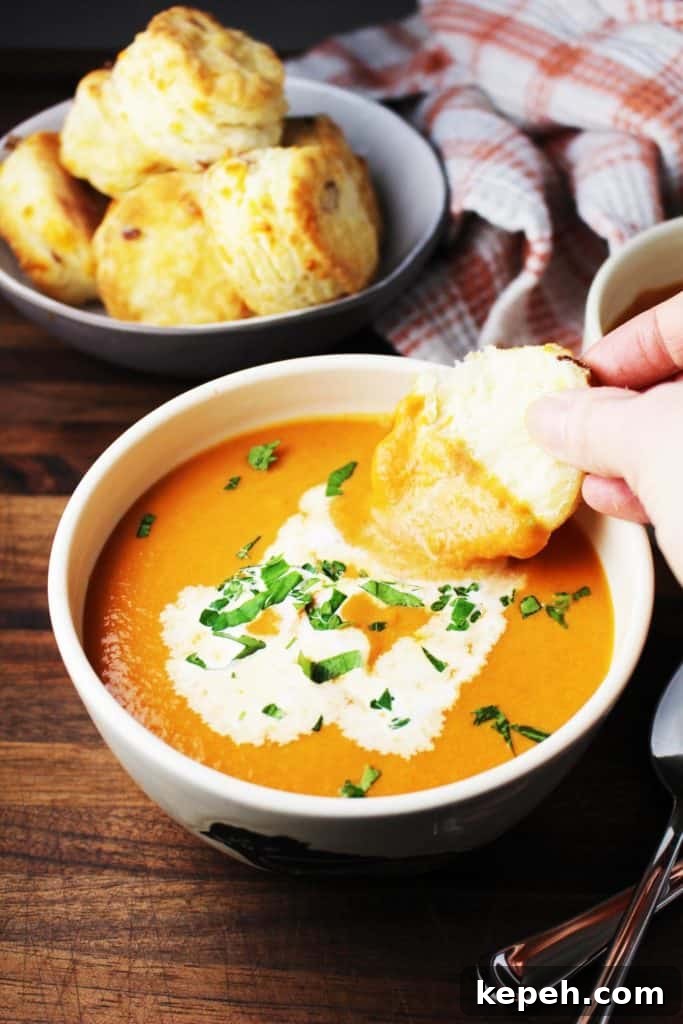 A bowl of tomato soup garnished with cream and parsley, with a biscuit being dipped into it.