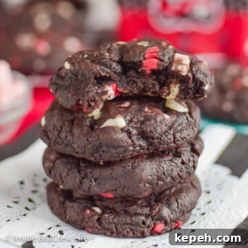A stack of four chocolate peppermint cookies on a white napkin with a bite out of the top cookie.