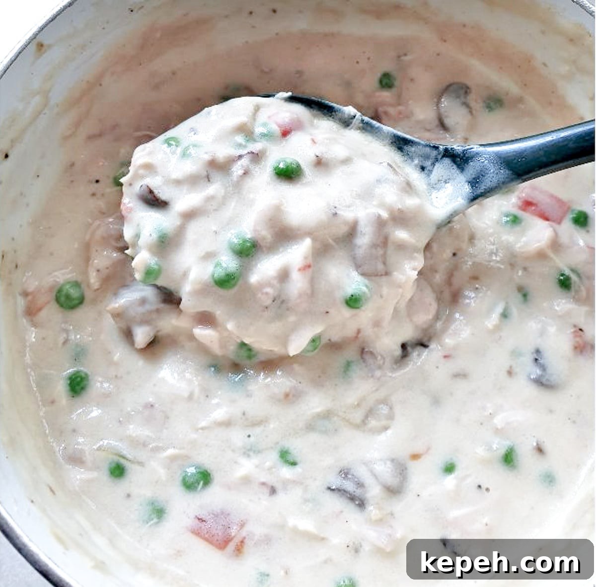 Classic Chicken à la King Recipe: Creamy One-Pot Dinner 15 A spoonful of chicken a la king being lifted from the pan.