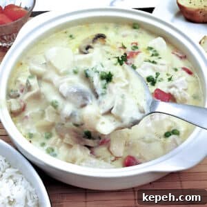 Classic Chicken à la King Recipe: Creamy One-Pot Dinner 16 A dish of chicken a la king with a large serving spoon.