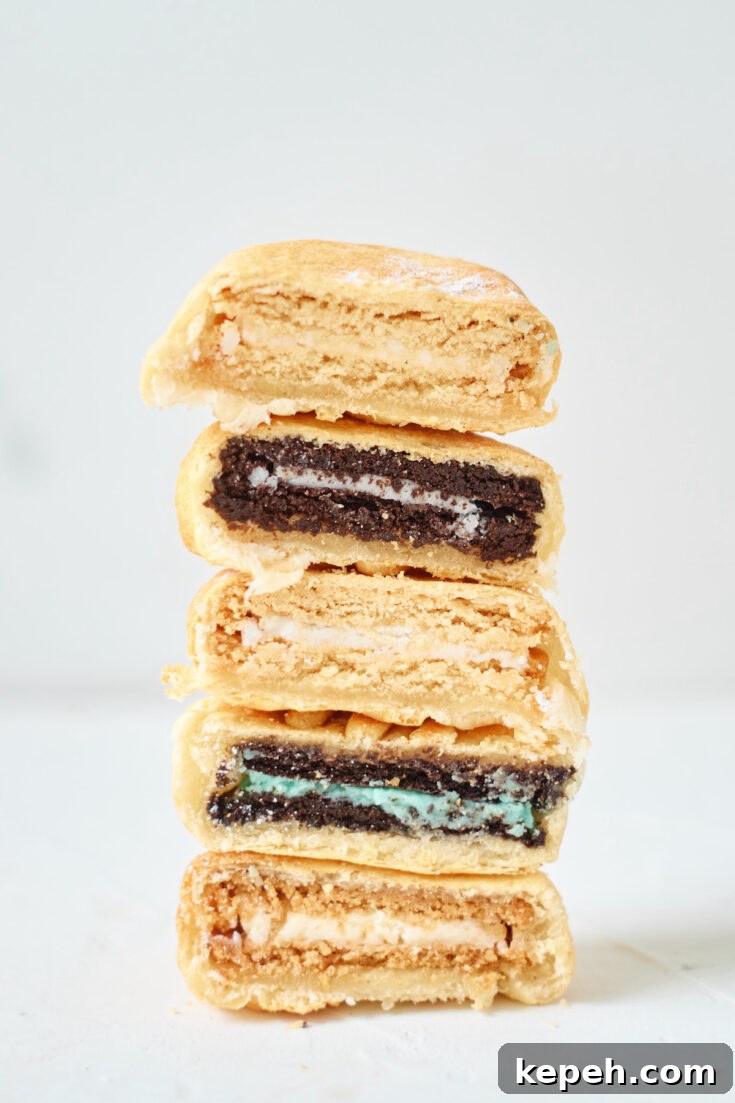 air fried oreos cut in half and stacked vertically