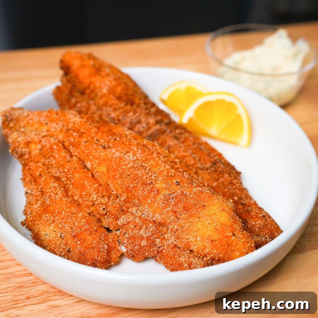 Crispy Southern Fried Catfish Recipe with Tangy Remoulade 2 Golden crispy fried catfish on a plate.