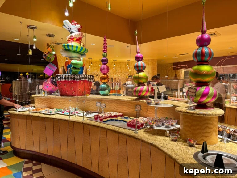 Holiday ornaments on the dessert buffet in the center of Goofys Kitchen restaurant.