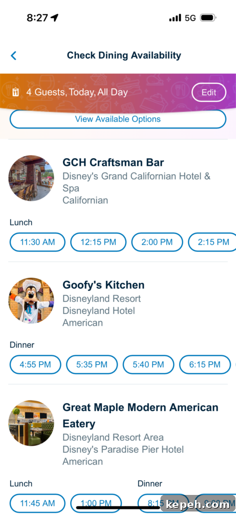 Disneyland app showing Goofy's Kitchen reservation availability.