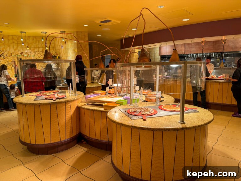 Mouse ears shaped serving tables in the of Goofy's Kitchen buffet.