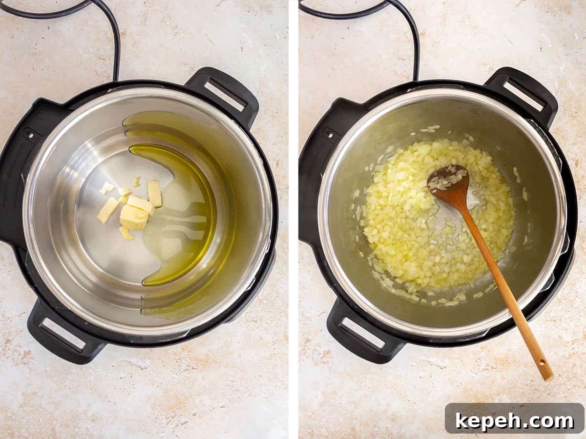 Creamy Instant Pot Broccoli and Cheddar Soup Recipe 4 Set of two photos showing butter and oil added to an Instant Pot and onions and garlic sautéed.