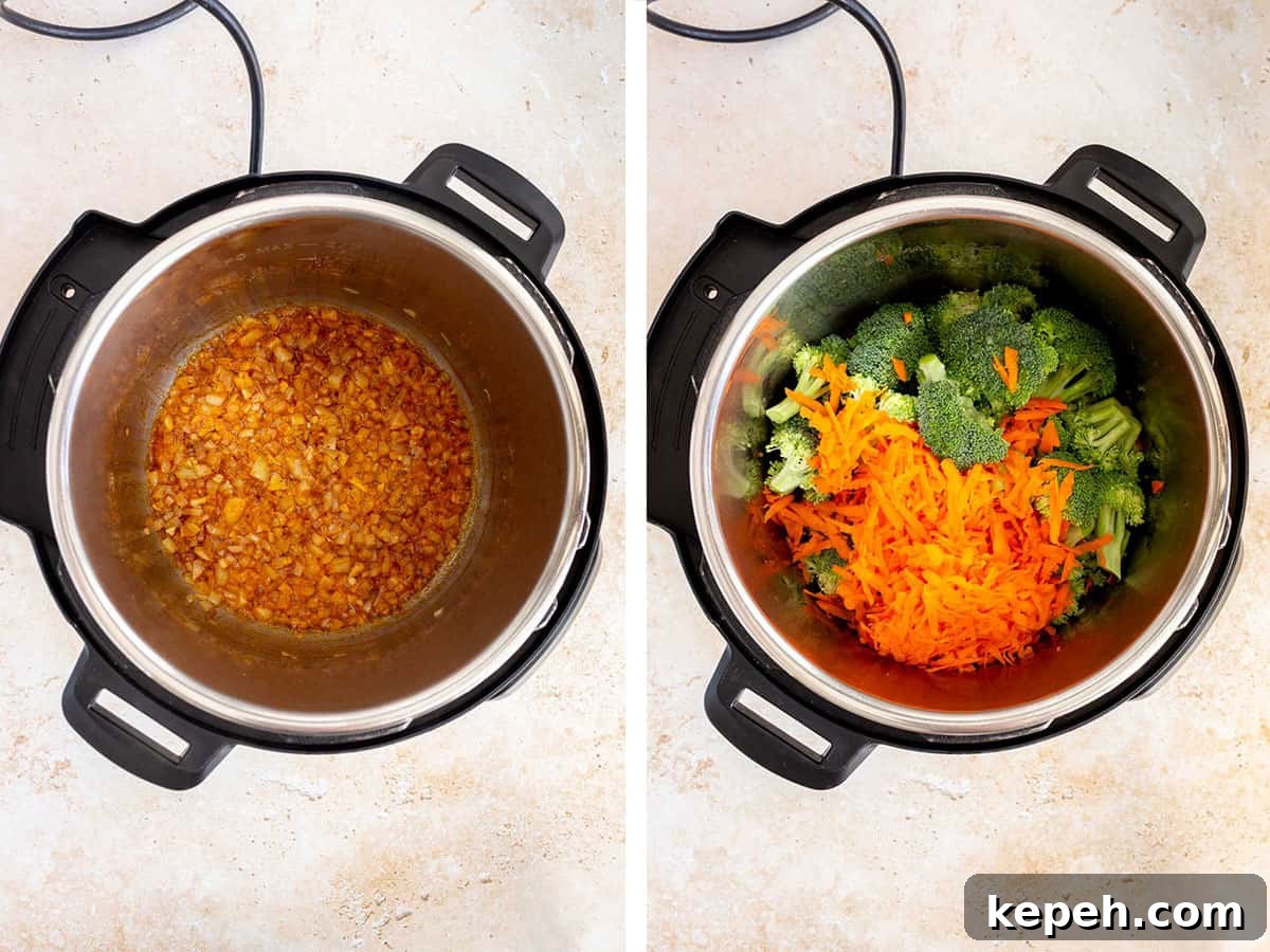 Creamy Instant Pot Broccoli and Cheddar Soup Recipe 5 Set of two photos showing seasoning added to the onions and garlic then broccoli and grated carrots added.