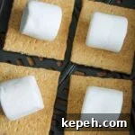 Uncooked marshmallows on graham crackers sitting at the bottom of an air fryer basket.