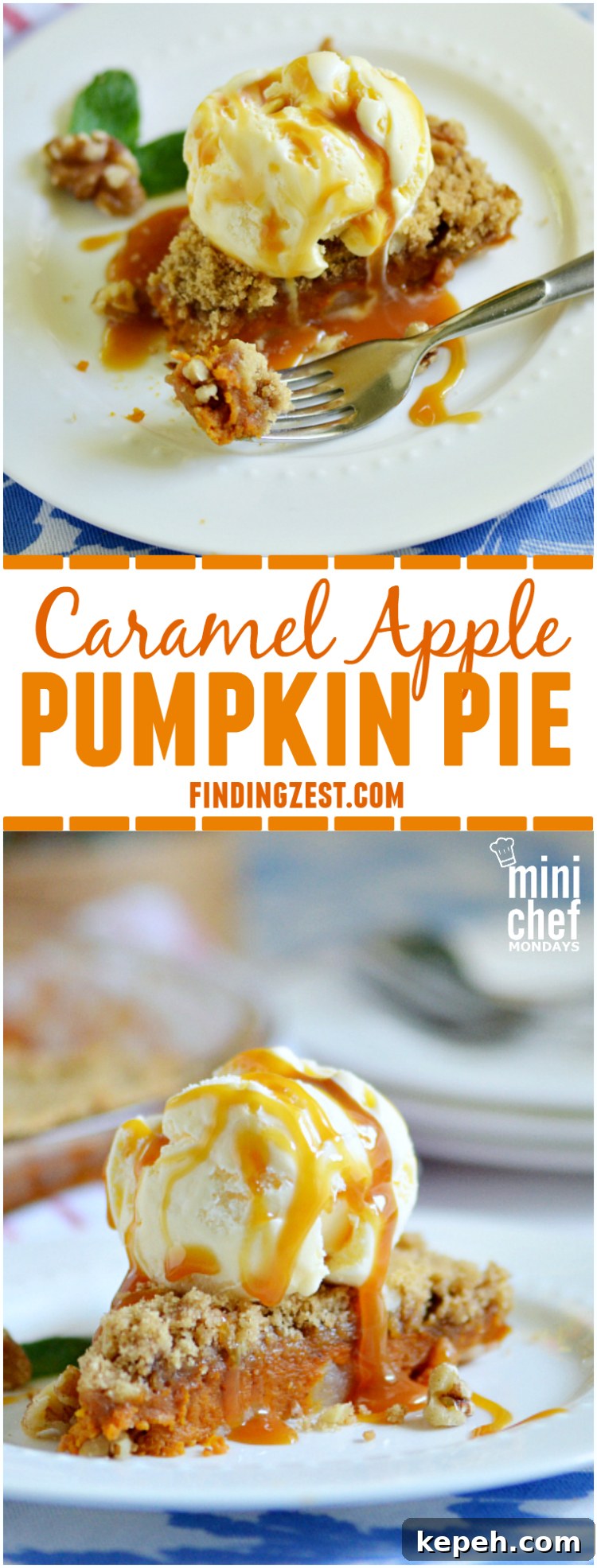 Combine two great flavors of fall in this Caramel Apple Pumpkin Pie. This crustless pumpkin pie is perfect for Thanksgiving dessert! Serve this pie topped with ice cream and caramel topping for a show-stopping crowd favorite!