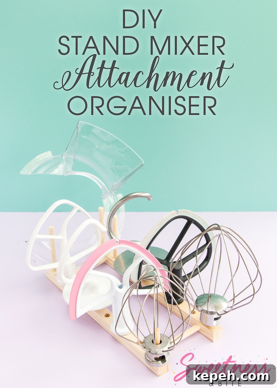 DIY Stand Mixer Attachment Organiser - Make your own handy organiser for your mixer attachments using a wooden plate rack.