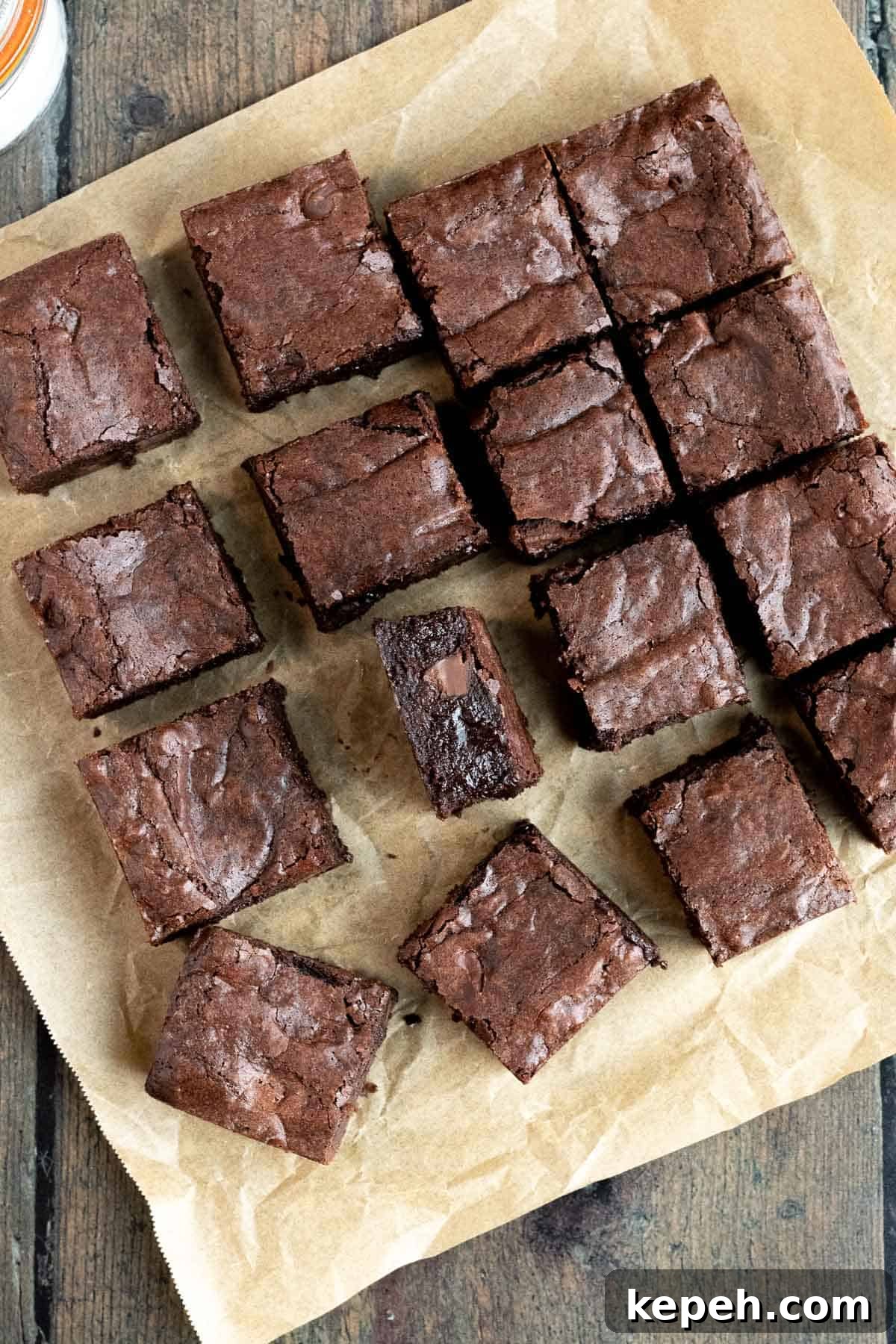 One-Bowl Dark Chocolate Brownies Recipe 3 overhead view of dark chocolate brownies cut into squares