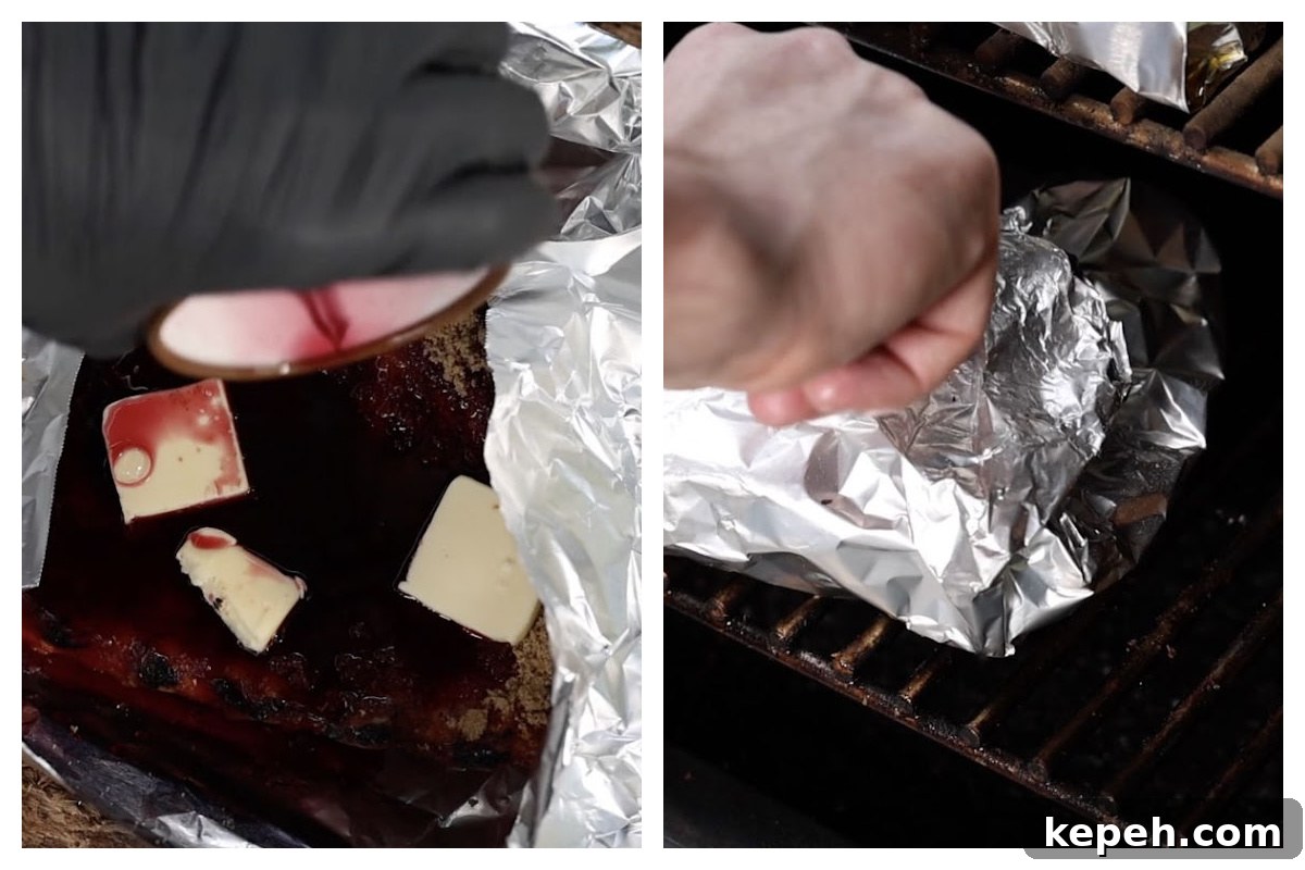 Perfect 3-2-1 Smoked Ribs Recipe for Tender, Fall-Off-the-Bone Results 7 wrapping Traeger 3-2-1 ribs in foil with liquid