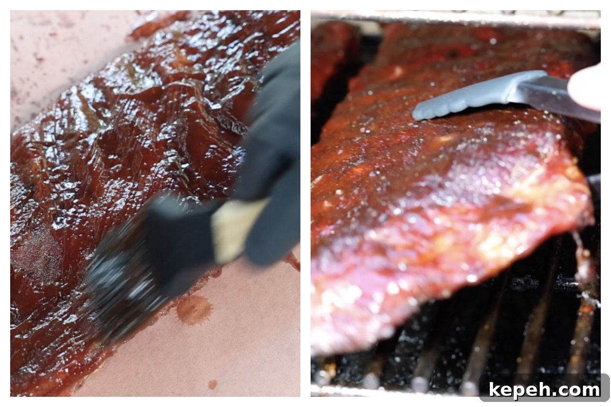 Perfect 3-2-1 Smoked Ribs Recipe for Tender, Fall-Off-the-Bone Results 8 brushing BBQ sauce on 3-2-1 ribs