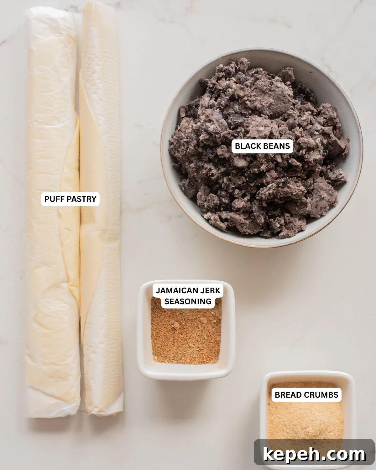 Authentic Jamaican Patty Recipe: Flaky Beef & Veggie Patties 4 Overhead image of the ingredients of Jamaican black bean patties.