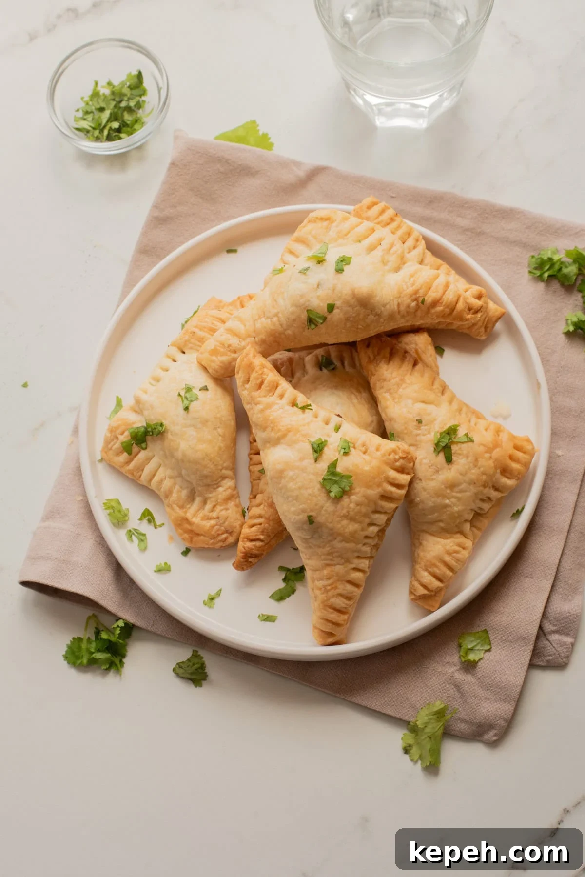 Authentic Jamaican Patty Recipe: Flaky Beef & Veggie Patties 9 Overhead view of Jamaican jerk black-bean patties on a plate with herbs scattered around.