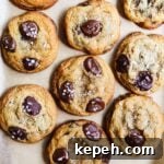 Perfect Small-Batch Chocolate Chip Cookie Recipe (Makes 6) 11 Small batch salted chocolate chip cookies on a parchment paper-lined sheet pan.