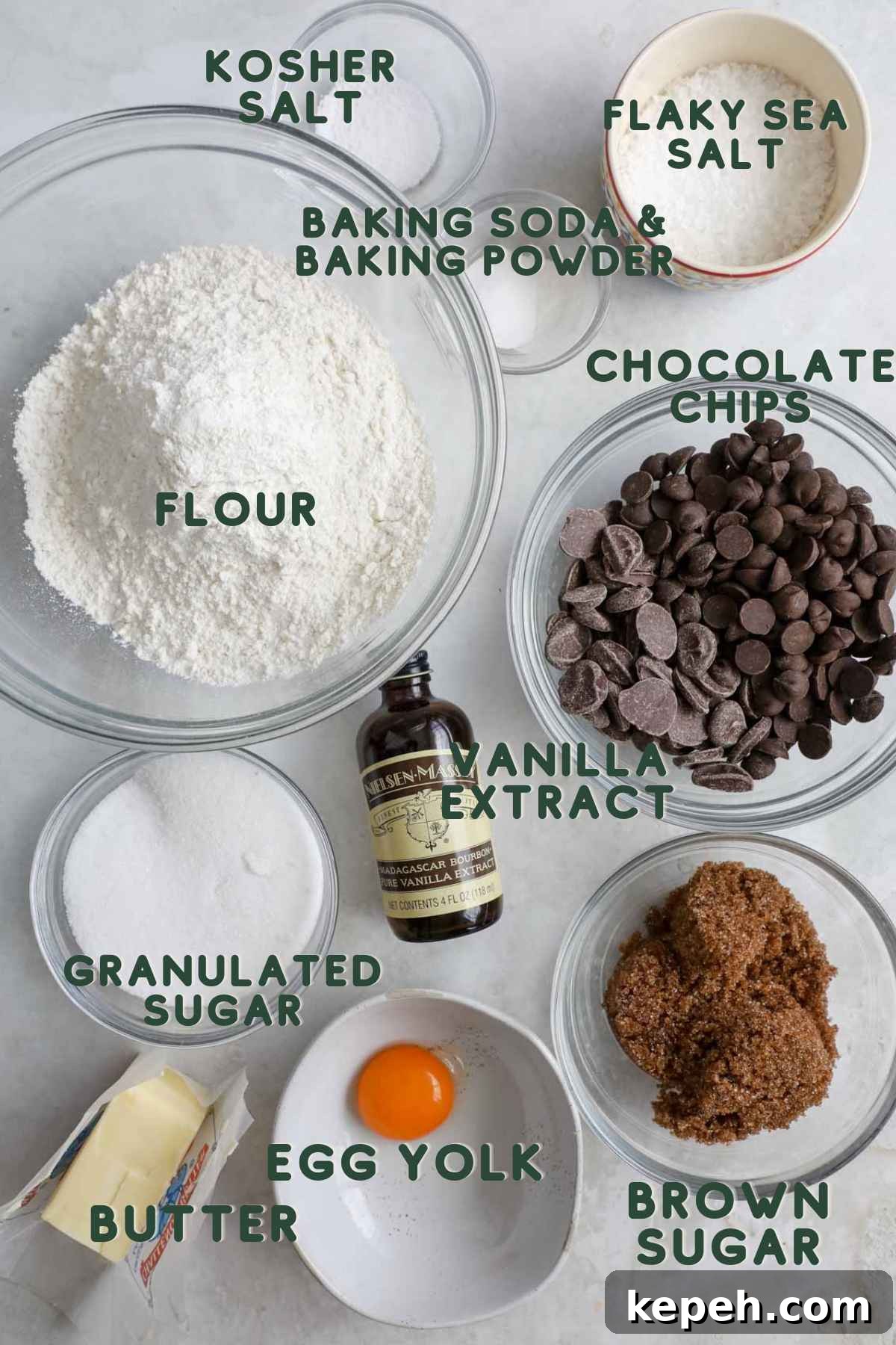 Perfect Small-Batch Chocolate Chip Cookie Recipe (Makes 6) 3 Ingredients to make small batch chocolate chip cookies, including flour, vanilla, chocolate, egg yolk, butter, brown sugar, granulated sugar, baking soda and powder, and kosher salt.