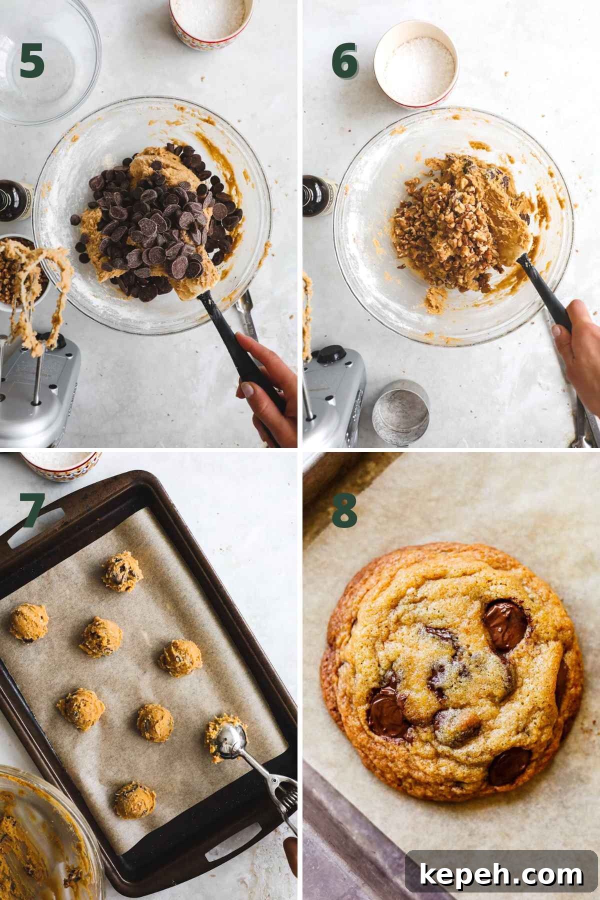 Perfect Small-Batch Chocolate Chip Cookie Recipe (Makes 6) 5 Steps to make small batch chocolate chip cookies, including folding in the chocolate chips and walnuts, scooping into dough balls, and baking.