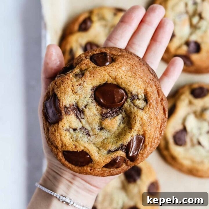Hand holding a giant bakery-style chocolate chip cookie with crispy edges and a chewy center.
