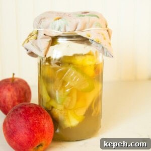 Homemade Apple Cider Vinegar Recipe for DIY Fermentation 12 A jar of homemade apple cider vinegar with apples next to it.