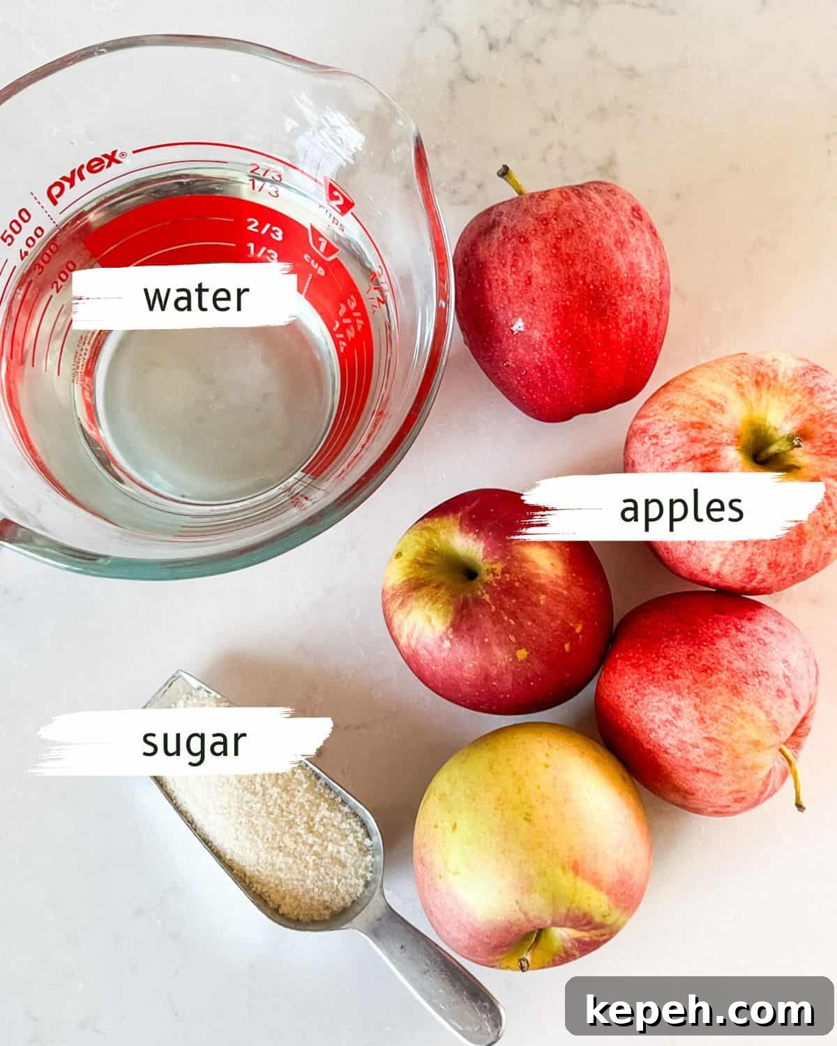 Homemade Apple Cider Vinegar Recipe for DIY Fermentation 3 Apple cider vinegar ingredients labeled on a kitchen counter.