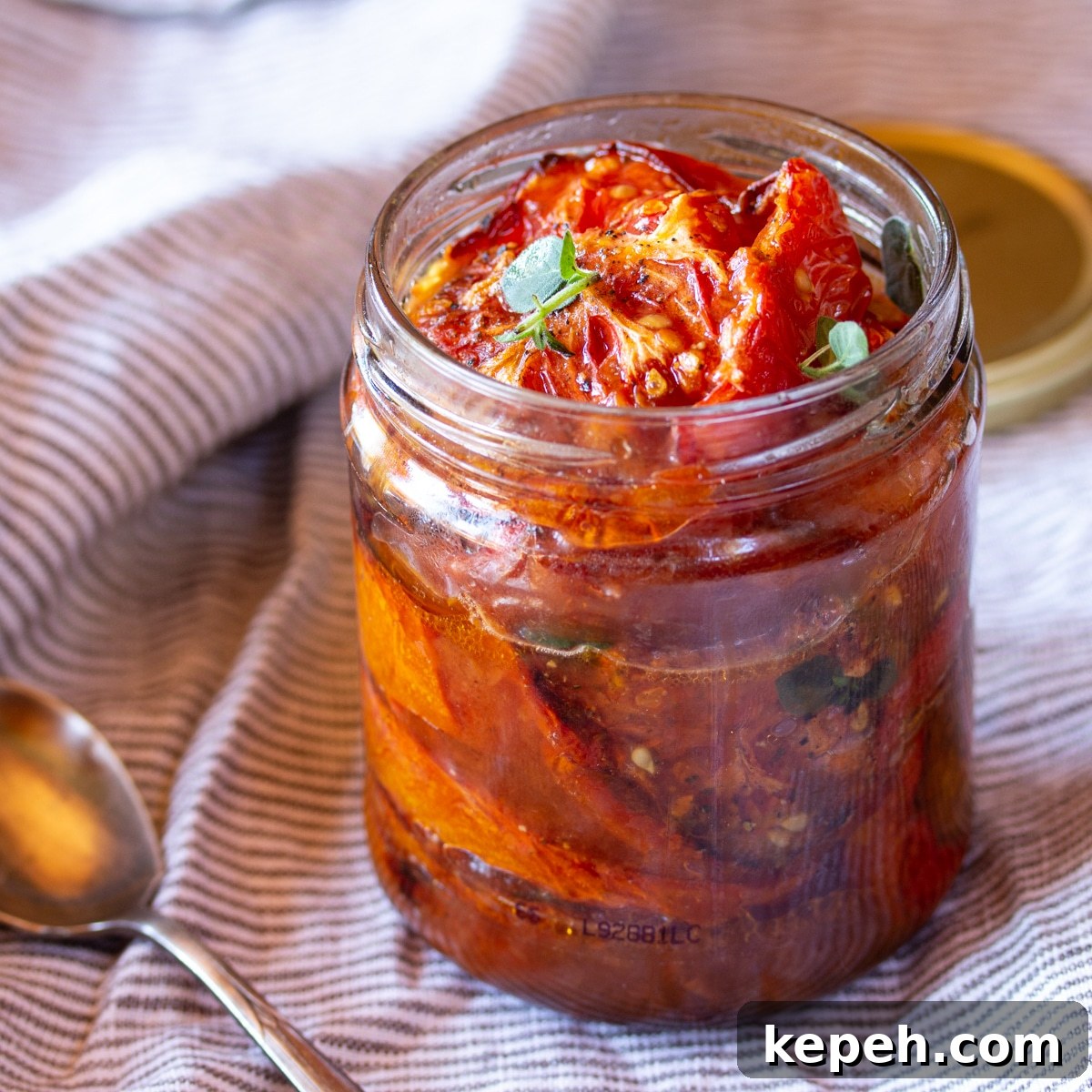Balsamic-Roasted Tomatoes — Quick 5-Minute Prep Recipe 5 A jar of balsamic roasted tomatoes and olive oil for preserving.