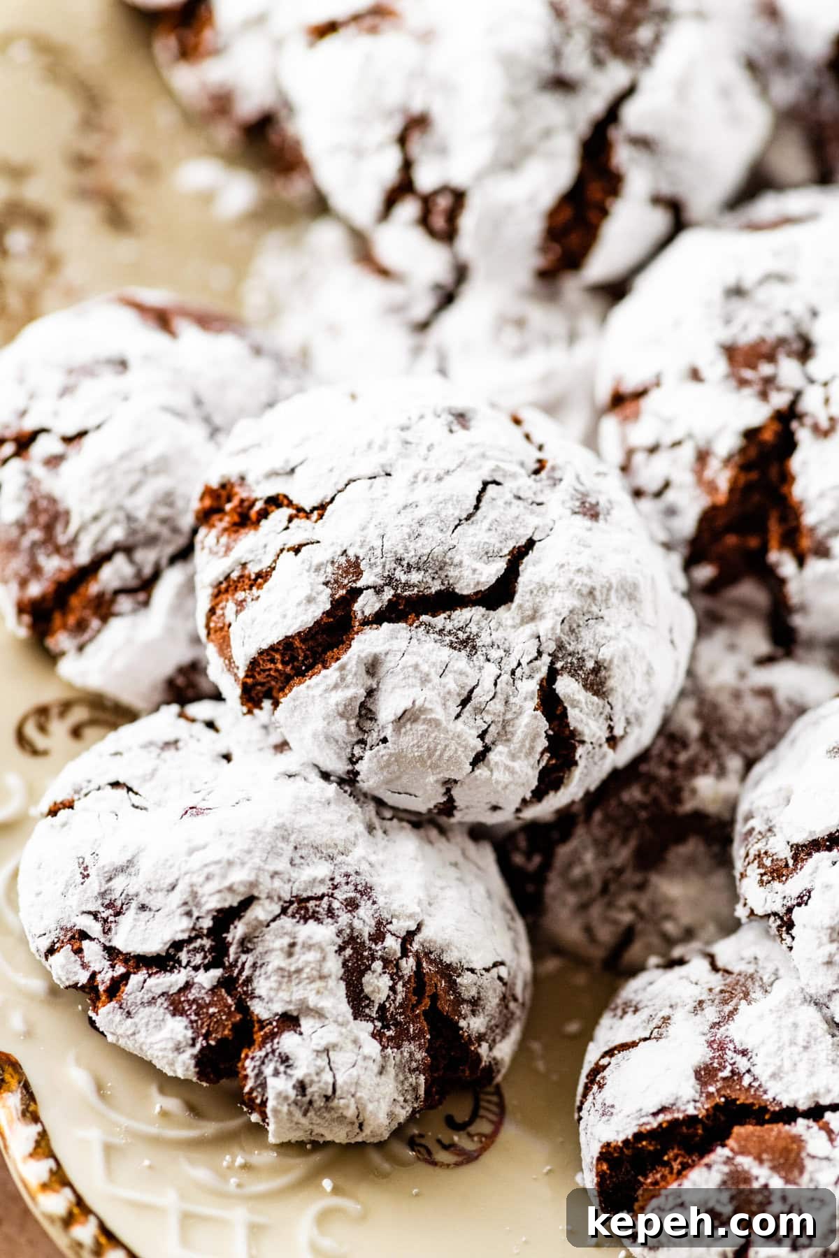 Chocolate Crinkle Cookies Recipe. Cookies on a beautiful platter ready to serve. Up close of the chocolate cookies.