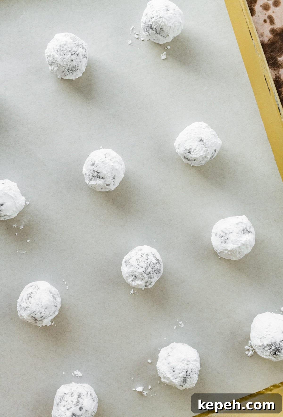 How to make chocolate crinkle cookies step-by-step: rolled out dough balls in powdered sugar on baking sheet ready to bake.