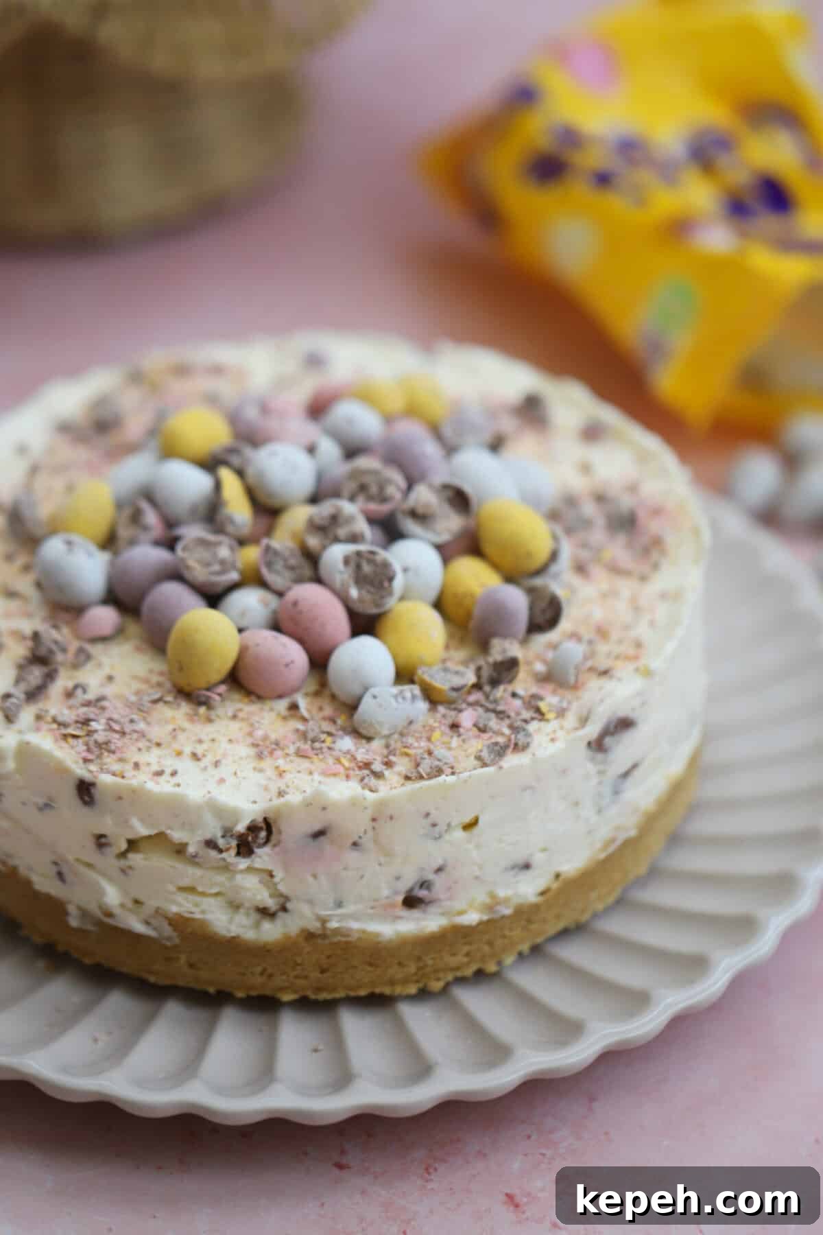 Mini Egg Cheesecake Recipe: Creamy No-Bake Easter Dessert 11 A mini egg cheesecake on a plate.