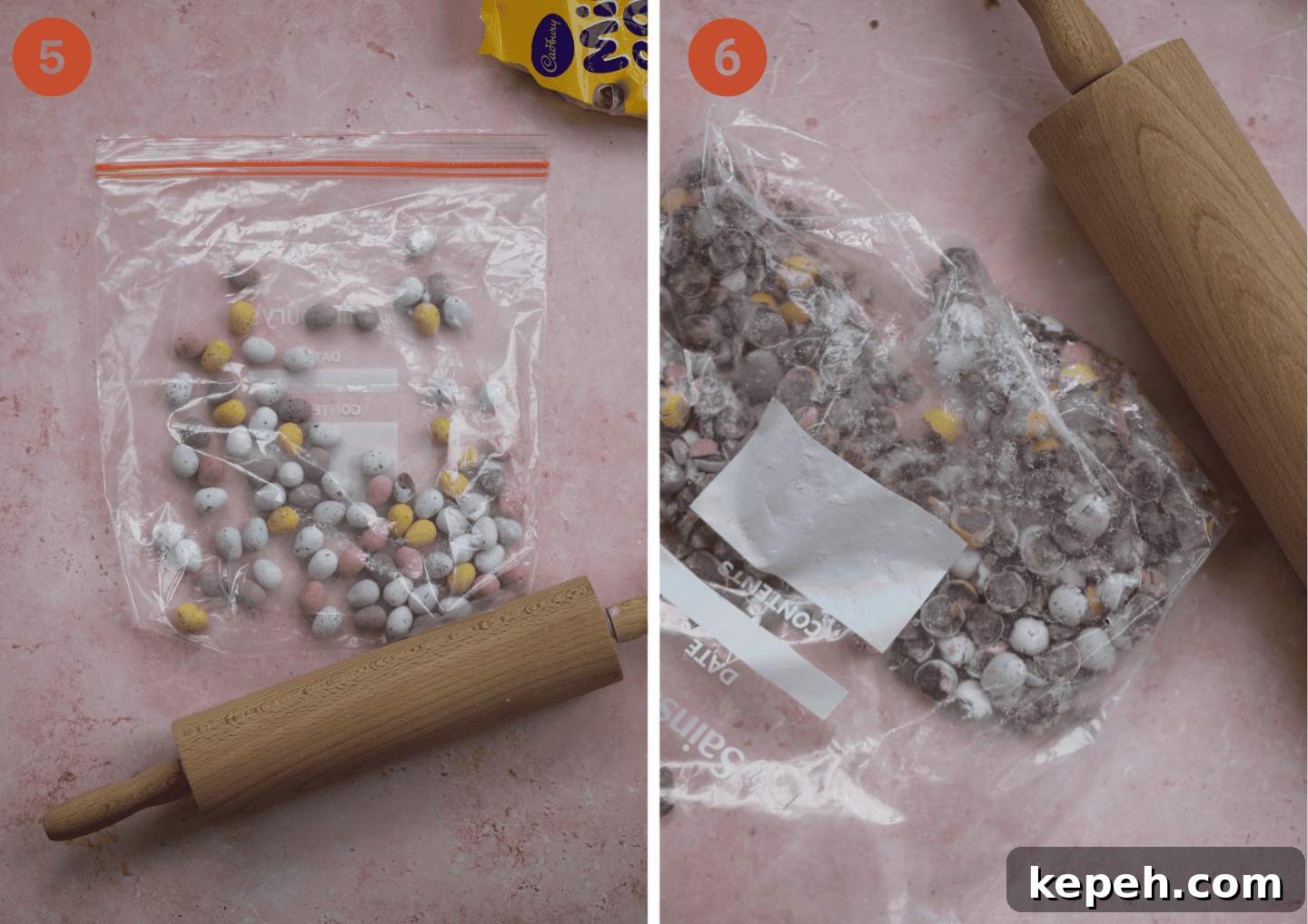 Mini Egg Cheesecake Recipe: Creamy No-Bake Easter Dessert 7 How to crush mini eggs using a sandwich bag and a rolling pin.