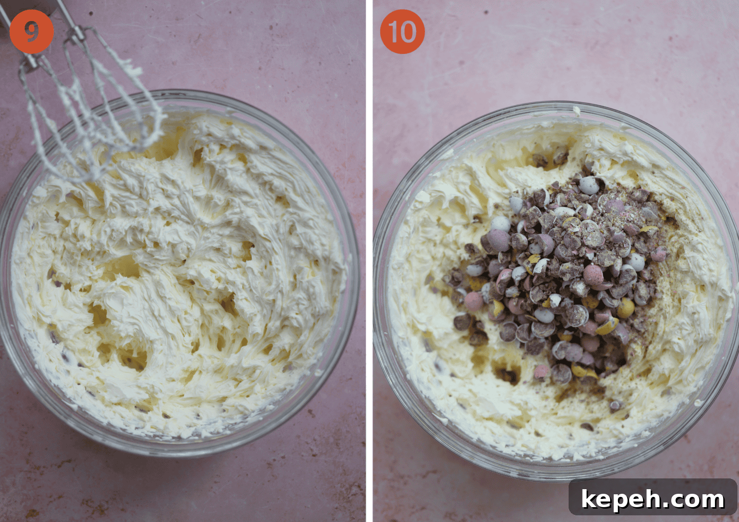 Mini Egg Cheesecake Recipe: Creamy No-Bake Easter Dessert 9 Left: the cheesecake topping texture and right: adding the crushed Mini Eggs.