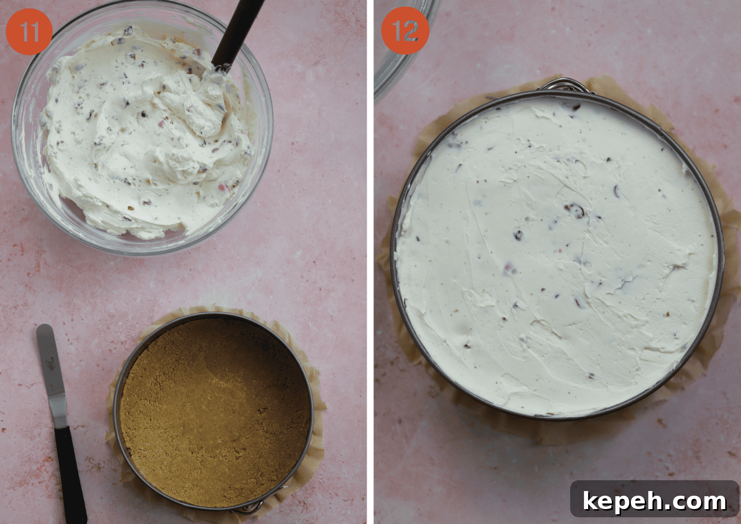 Mini Egg Cheesecake Recipe: Creamy No-Bake Easter Dessert 10 Add the cheesecake topping onto the biscuit base and smooth before setting.