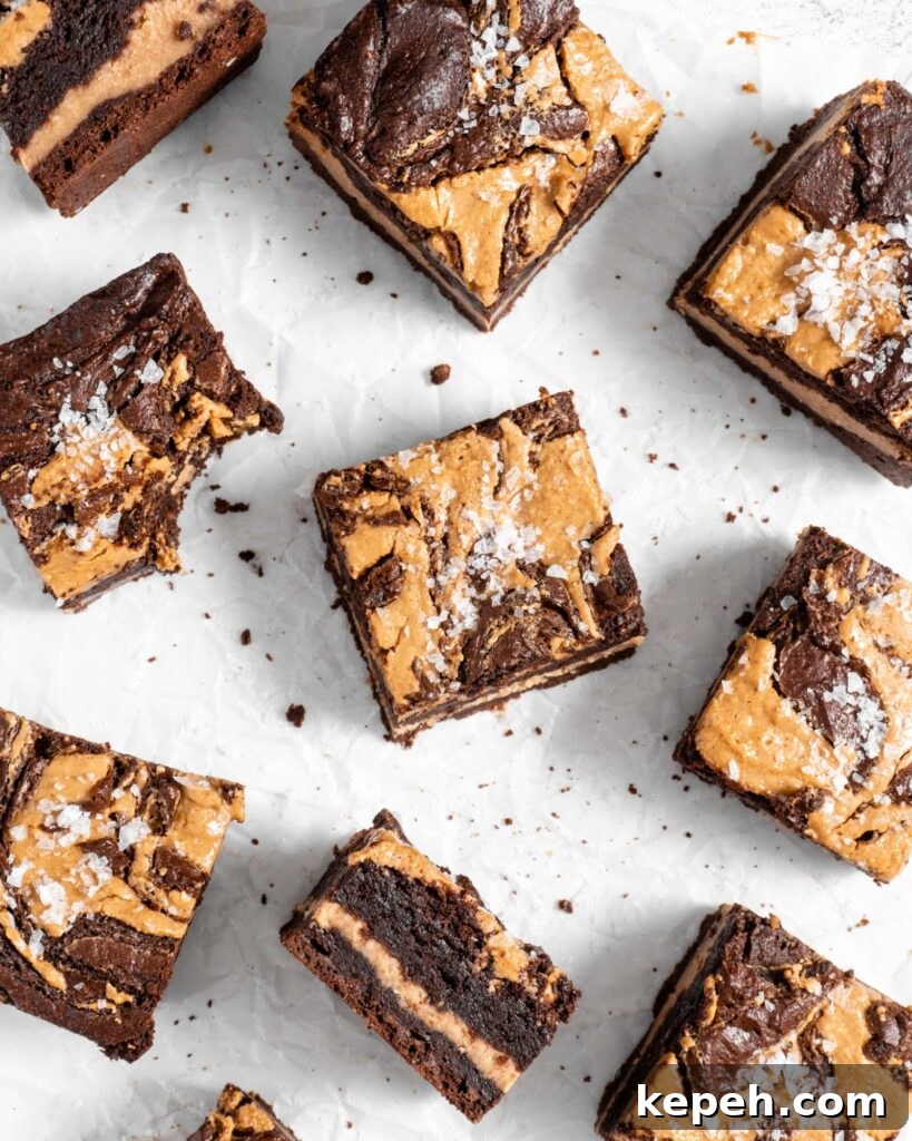 fudgy Peanut Butter stuffed brownies with peanut butter swirl on top