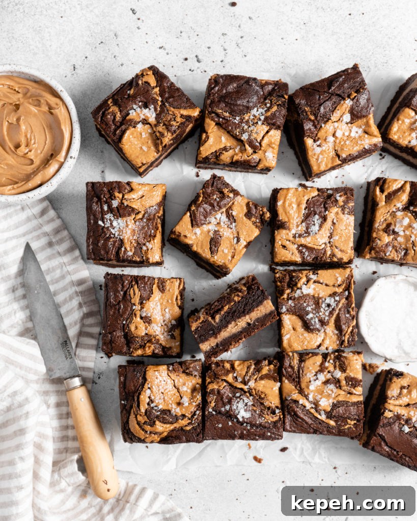 fudgy Peanut Butter stuffed brownies with peanut butter swirl on top