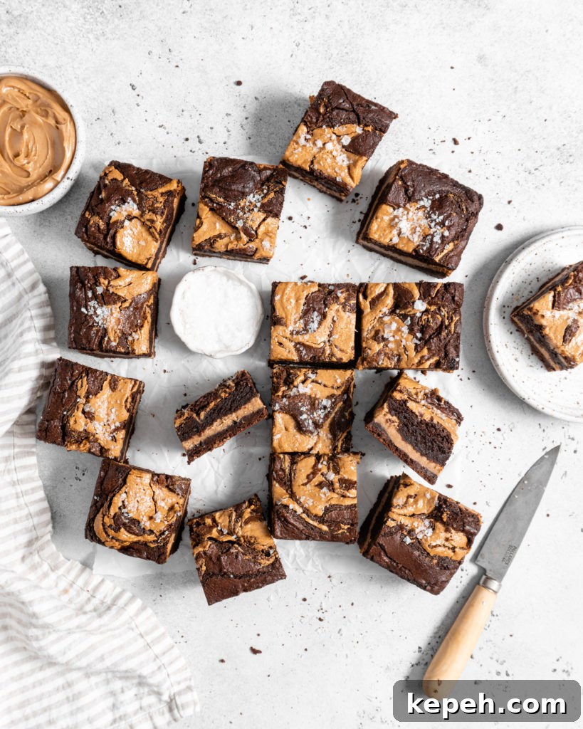 fudgy Peanut Butter stuffed brownies with peanut butter swirl on top