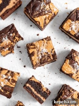 fudgy Peanut Butter stuffed brownies with peanut butter swirl on top