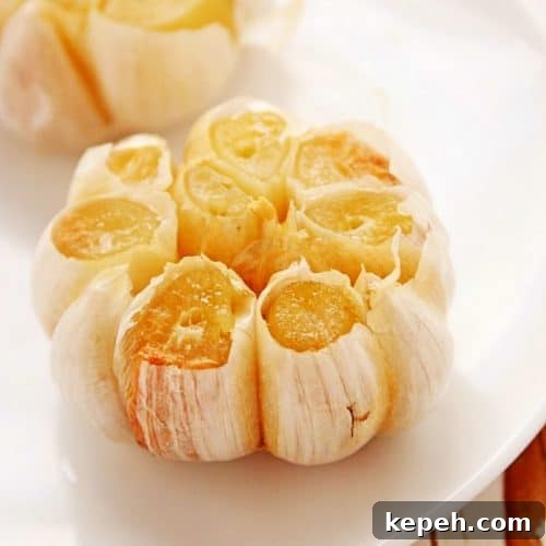 Roasted Garlic in a bulb on a white plate.