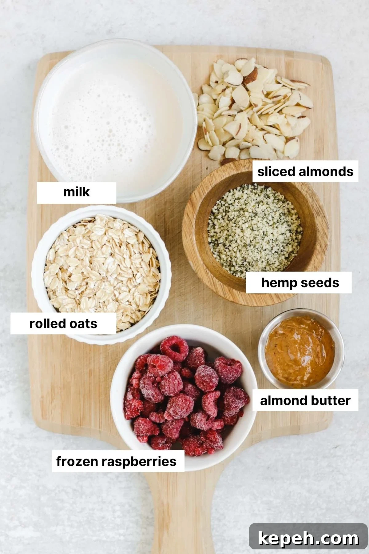 Creamy Raspberry Overnight Oats Recipe for Quick Breakfast 3 labeled ingredients used for raspberry overnight oats